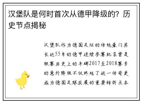 汉堡队是何时首次从德甲降级的？历史节点揭秘